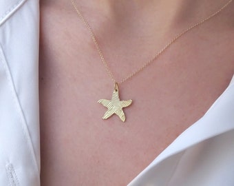 Solid gold (9K-14K-18K) Fingerprint Starfish Necklace, Sea Star Necklace, Elegant Starfish Pendant, Gift for Her, Ocean Starfish Pendant