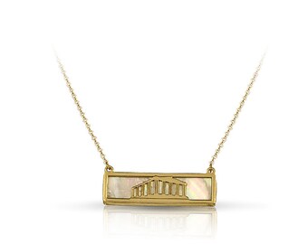 Solid Gold Necklace 14K, Gold Necklace Monuments 9K, Greek Necklace with Parthenon Monument, Acropolis Necklace, Synthetic Ivory/Onyx