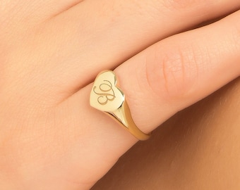Solid Gold Heart Signet Ring with Engraved Letter, Monogram Gift for Her