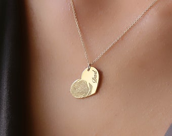 Solid Gold (14K, 9K) Fingerprint Necklace, Heart Shaped Fingerprint Necklace, Valentines gift, Handmade Heart Charm, Personalized Necklace