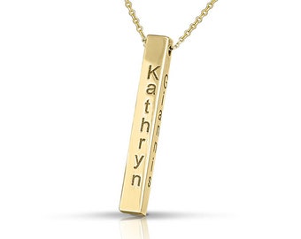 Solid Gold 14K - Solid Gold 9K - Four sided Name Necklace - 3D Bar Necklace - Custom Name Date Necklace
