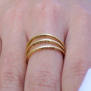 Solid Gold Custom Engraved Name Ring, K18 Personalized Stackable Jewelry