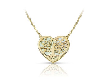 Solid Gold Necklace Tree of Life Heart 14K, Solid Gold 9K, Tree Heart Necklace, Mother of Pearl Stone, Solid Gold Tree of Life Necklace