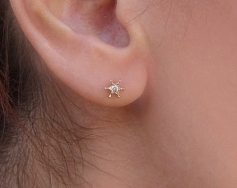 Solid Gold (14K, 18K) Diamond Star Ear Studs, Gold Star Studs with Diamonds, North Star Studs, Anniversary Gift, Starburst Diamond Earring