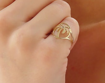 Solid Gold (9K,14K,18K) Diamond Palm Tree Ring, Tropical Ring, Hawaiian Palm Tree Ring, Handmade Minimal Ring, Immortality, Victory symbol