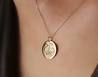 Solid gold 14K - 9K  - Necklace with family - Pendant with family - Disk with family - Gift for Her - Gift for Mother - Child - Symbol