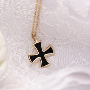 Solid gold black filled cross 14K-9K, Black Enamel Cross, Minimalist Knights Templar cross, Dainty cross pendant, Square cross, Tiny cross image 1