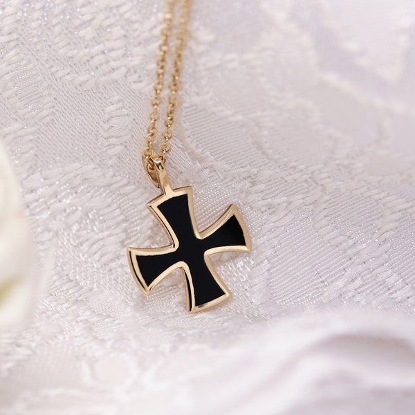 Solid gold black filled cross 14K-9K, Black Enamel Cross, Minimalist Knights Templar cross, Dainty cross pendant, Square cross, Tiny cross