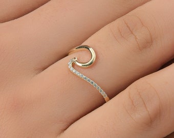 Solid Gold Ocean Wave Ring in K9, K14, K18, Minimal Curled Ring