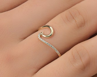 Solid Gold (9K, 14K, 18K) Ocean Wave Ring decorated with diamond stones, Curled Ring, Minimalistic ring, Gold Wavy Ring, Engagement Ring