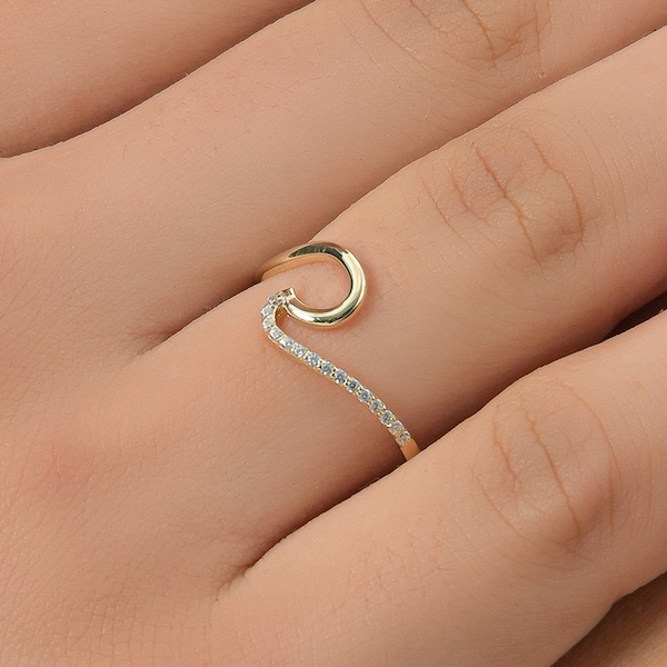 Solid Gold (9K, 14K, 18K) Ocean Wave Ring decorated with diamond stones, Curled Ring, Minimalistic ring, Gold Wavy Ring, Engagement Ring