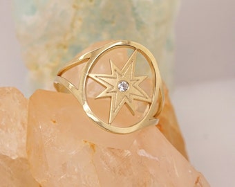 Solid Gold (9K-14K-18K) North Star Ring, Compass Navigation Ring, Starburst Ring, Promise ring, Friendship Ring, Unique North Star Ring