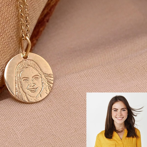 Solid Gold Custom Photo Engraved Necklace K14, Mothers Day Memorial Gift K9, Portrait Coin Pendant 9K, Wedding gift, Family Photo Pendant