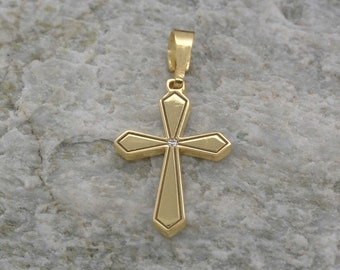 Solid Gold Cross 14K with Diamond, Gold 18K Cross Charm, Tiny Cross Necklace, Dainty Cross Pendant, Pointy Cross, Diamond Cross Pendant