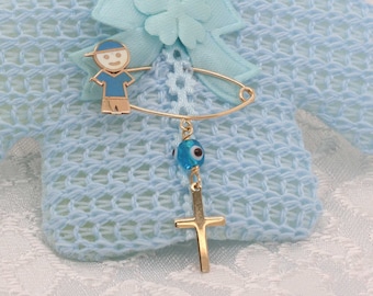 Solid Gold Safety Babypin K9, Gold Boy Babypin K14, Baby Shower Gift Charm, New Born Boy Amulet, Evil Eye Protection, Baby Cross, Babypin