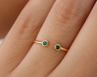 Solid Gold Ring 9K-14K-18K, Dainty Emerald Ring, Double Diamond Ring, thin ring with two green diamonds,band ring with emeralds