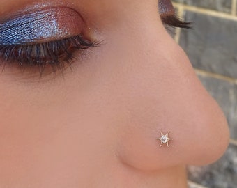 Solid Gold (14K, 18K) Diamond Star Nose Studs, Gold Star Studs with Diamonds, North Star Studs, Anniversary Gift, Starburst Diamond Earring