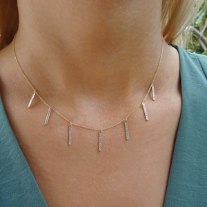 Solid Gold Multi Bar Zircon Necklace (9K/14K/18K) | Vertical Bar Layering Piece