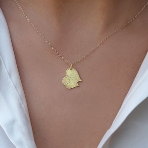 Solid Gold 9K, Double Heart Fingerprint Necklace 14K, Fingerprint Heart, Handwriting Jewelry 18K, Gift for Grandma, Personalized Jewel