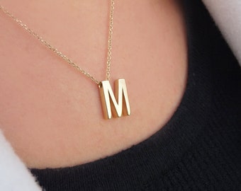 Solid Gold (9K-14K-18K) Monogram Necklace,  Gold Letter Necklace, Personalized M Letter, Gold Initial Jewel, Bridesmaid Gift, Birthday Gift