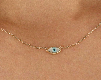 Solid Gold (9K, 14K) Mother of Pearl Evil Eye and Cross Necklace, Cross Charm, Tiny Evil Eye Necklace, Turquoise Gemstone, Personal Gift