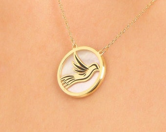 Solid Gold Necklace with Bird 14K, Solid Gold 9K, Bird with Enamel, Mother of Pearl Stone, Dainty Solid Gold Hummingbird Necklace