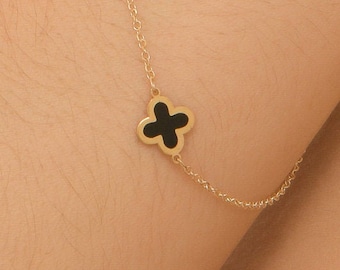 Solid Gold Cross Bracelet 9K, Dainty Cross Bracelet, Handmade Double Cross Bracelet K14, Enamel Bracelet, Religious Cross Charm Bracelet