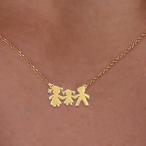 Solid Gold Family Necklace with Child Pendants - Personalized Parent Gift