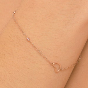 Solid Gold Heart Bracelet, Cubic Zircon Bracelet, Heart Bracelet for Women, Couple Bracelet
