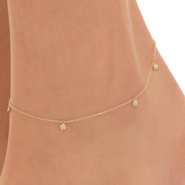 solid gold anklet 9K-14K – handmade – foot bracelet– zircon stones – boho gift – summer jewelry - minimal – modern - dainty