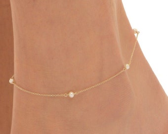 solid gold anklet 9K-14K – handmade – foot bracelet– pearl stones – boho gift – summer jewelry - minimal – modern - dainty