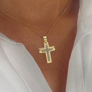 Solid Gold Gemstone Cross Pendant: Baptism Gift, Religious Necklace, Protection Charm