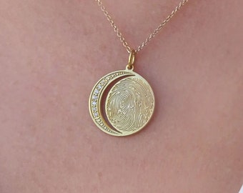 Solid gold 18K Fingerprint Half Moon Necklace, Diamond Gemstone Moon Pendant K14, Memorial Gift, K9 Diamond Pave Moon Necklace, Gift For Her