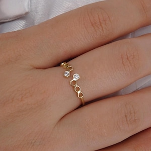 Solid Gold Honeycomb Ring with Diamonds | Minimalist Geometric Beehive Stacking Ring | 14K-18K