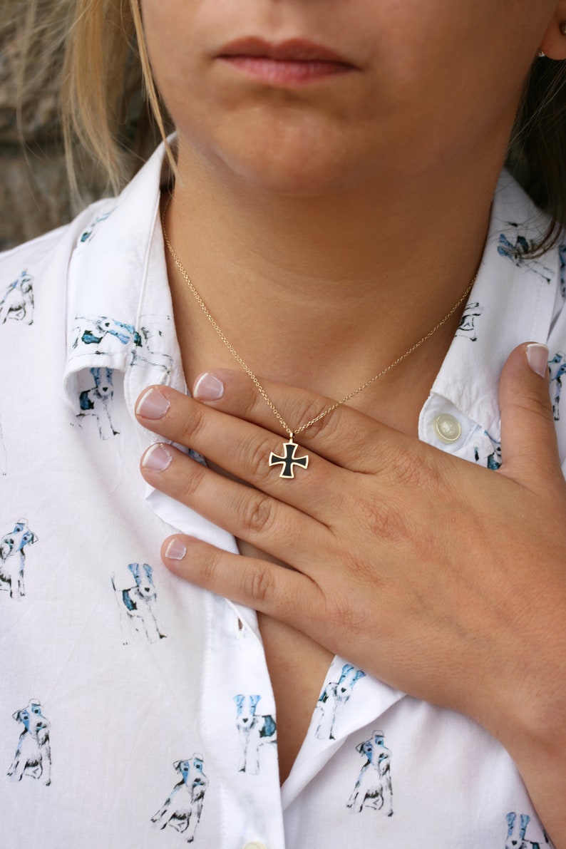 Solid gold black filled cross 14K-9K, Black Enamel Cross, Minimalist Knights Templar cross, Dainty cross pendant, Square cross, Tiny cross image 4