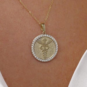 Solid Gold Caduceus Necklace with Diamonds, Medical Symbol Pendant for Students
