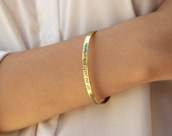 solid gold bracelet 9K-14K, cuff bracelet, cuff with inscription, anniversary, minimal, custom name date