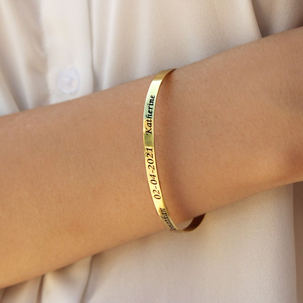 solid gold bracelet 9K-14K, cuff bracelet, cuff with inscription, anniversary, minimal, custom name date