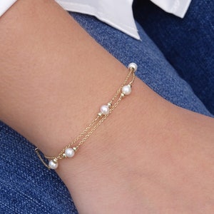 Solid Gold Pearl Bracelet in K9, K14 or K18, Ivory Natural Pearl Bracelet, Anniversary Gift