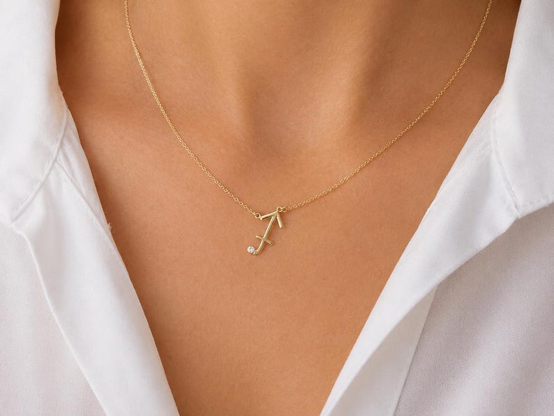 Solid Gold Sagittarius Necklace, Zodiac Necklace, Sagittarius Jewelry, Archer Necklace, Zodiac Gift for Her, December Birthstone Jewelry 画像 1