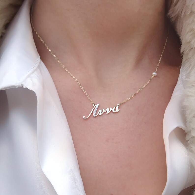 Solid Gold 9K14K18K Handmade Name Necklace With Pearl Etsy