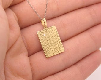 Personalized Calendar Necklace in Solid Gold | Anniversary Date Necklace | Wedding Date Pendant | Birthday Gift | Diamond Calendar Necklace