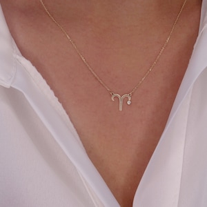 Solid Gold Aries Zodiac Diamond Necklace, Aries Pendant, Aries Diamond Stone Necklace