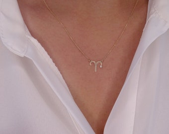 Solid Gold Aries Diamond Pendant Necklace - Zodiac Jewelry