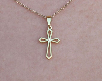 solid gold cross 14K-18K, cross with diamond, gold cross charm, tiny cross necklace, dainty cross pendant, pointy cross, perforated