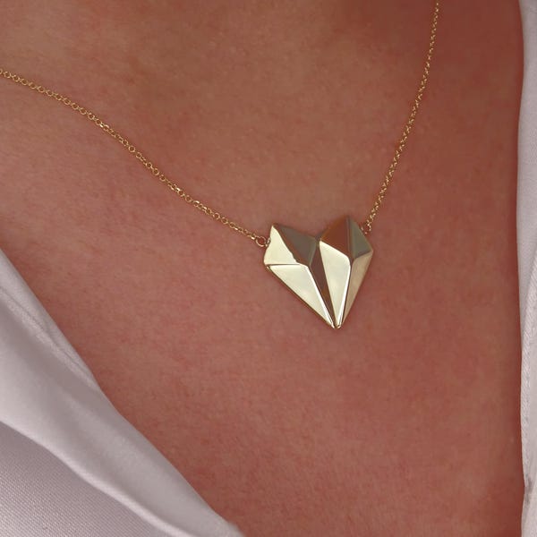 Solid Gold Origami Heart Pendant Necklace - Minimalist Jewelry Gift for Valentine's Day