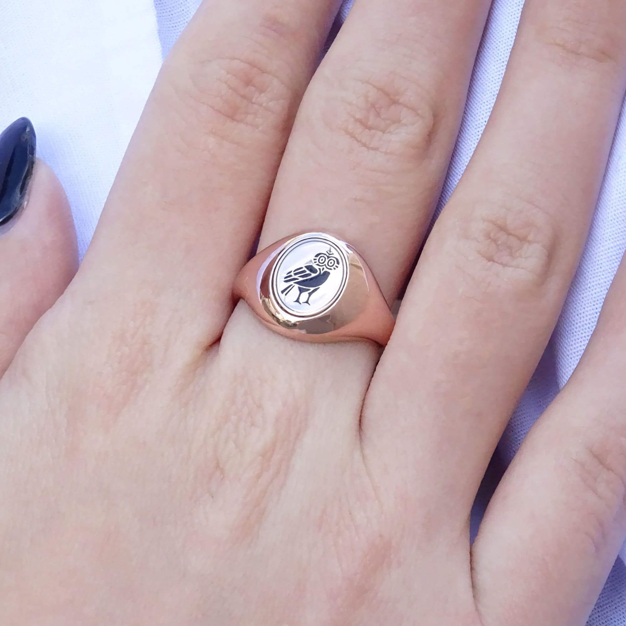 Silver Owl Signet Ring: Engraved Enamel Good Luck Unisex Ring