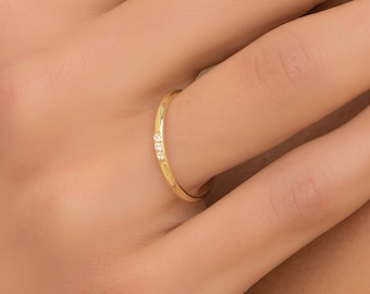 Solid Gold (14K-18K) Dainty Diamond Ring, Three Diamonds Ring, Thin Ring with Diamonds, Band Ring with Diamonds, Classical Diamond Ring