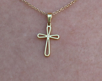 solid gold cross 14K-18K, cross with diamond, gold cross charm, tiny cross necklace, dainty cross pendant, droplet cross, perforated