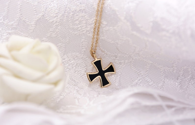 Solid gold black filled cross 14K-9K, Black Enamel Cross, Minimalist Knights Templar cross, Dainty cross pendant, Square cross, Tiny cross image 1